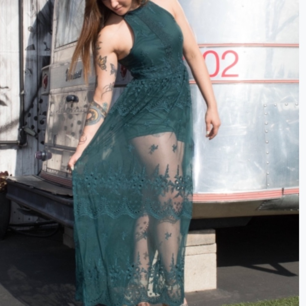 Lace Maxi Dress-Dark Green - Picture 4 of 6